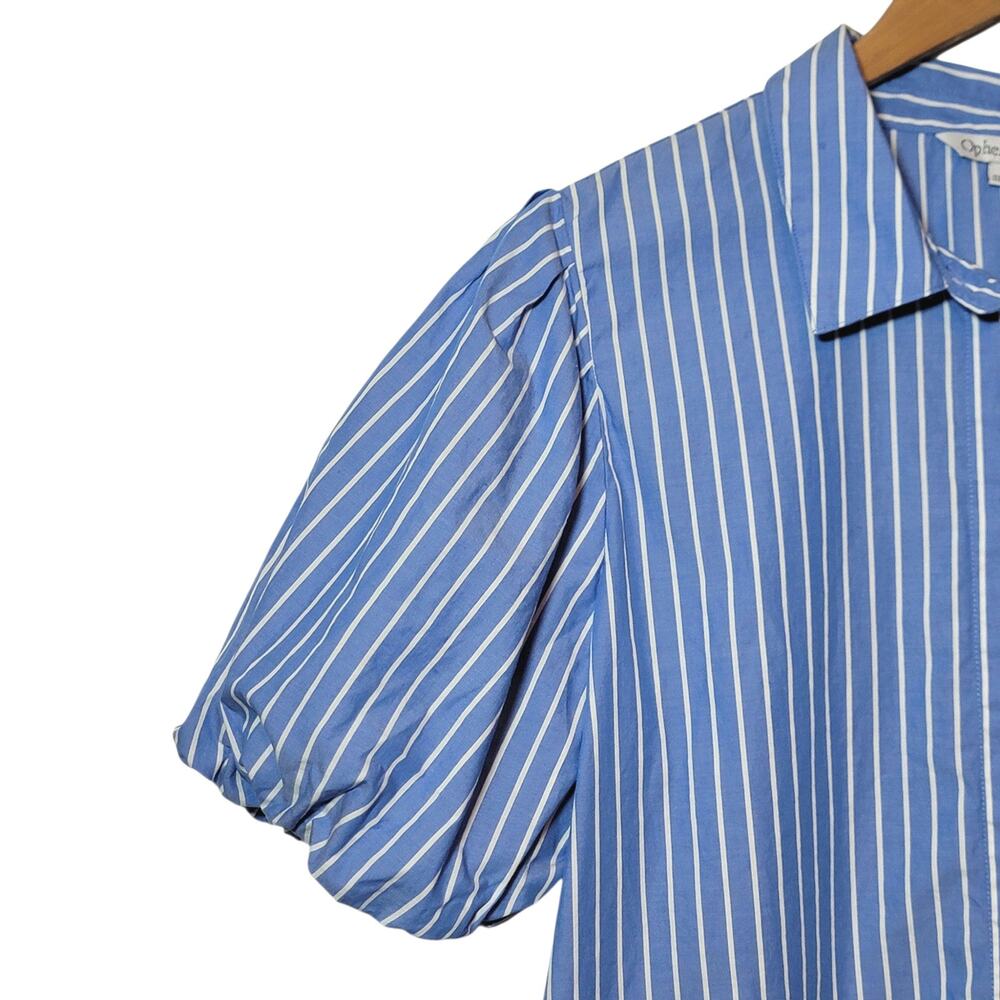 Ophelia Roe Striped Blue White Balloon Sleeve Button Front Cotton Shirt Blouse L - Picture 3 of 8